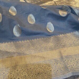 Soft Banarasi Saree in Dusty Gray with Rich Zari Border & Pallu